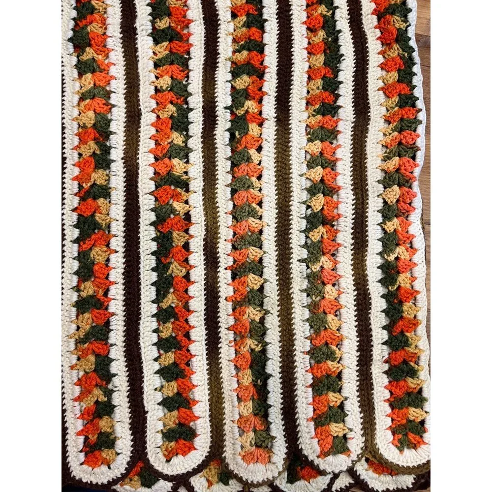 Crochet Afghan Vintage Mile a Minute Stitch 70's 80's Olive Orange Gold 48